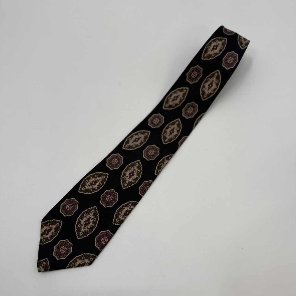 Christian Dior Mens OS Necktie Black Geometric Medallion Silk Made in USA